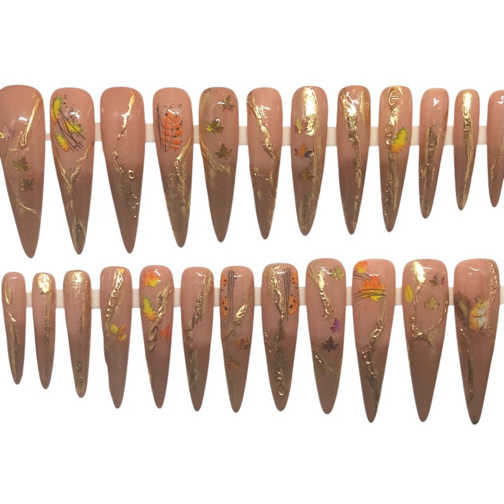 Custom Handmade Press On Nails Gel 3X Long Stiletto Ombre Brown Metallic Nails